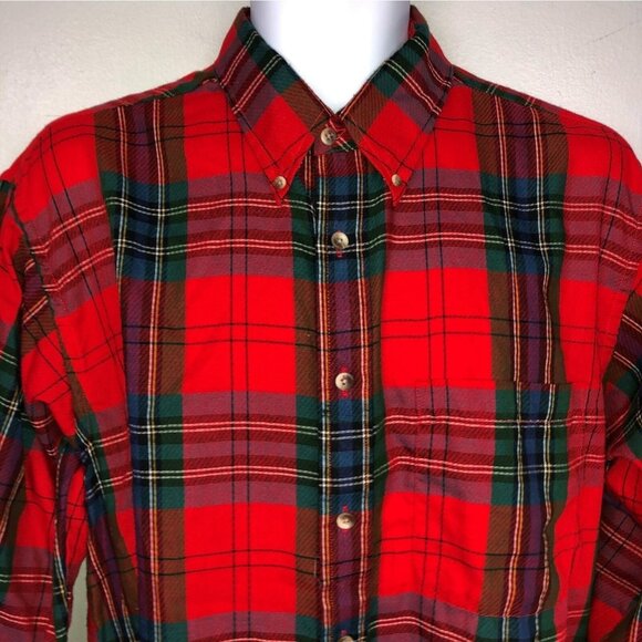 Vintage 90s Mens L Shirt Red Green Plaid Long Sleeve Button Down Grunge - Picture 2 of 12